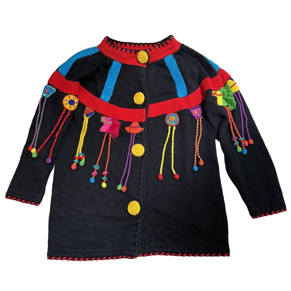 Vtg Michael Simon Cardigan Sweater Women L Black Holiday 3D Tassels 90s Artsy